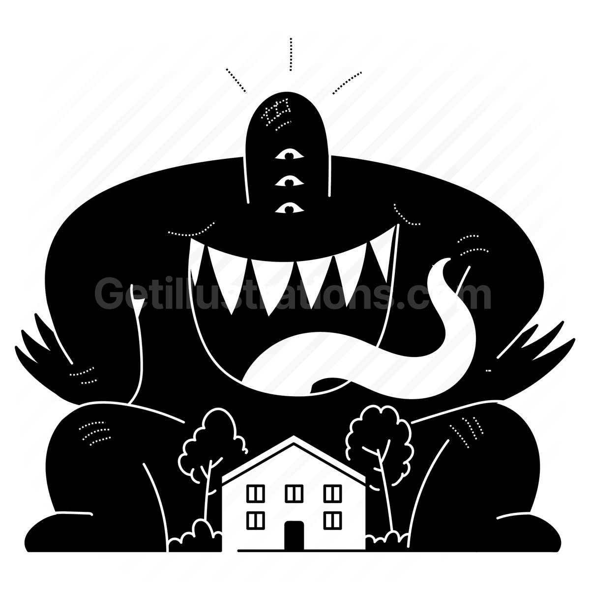 monster, alien, large, teeth, tongue, house, home, nightmare, scary